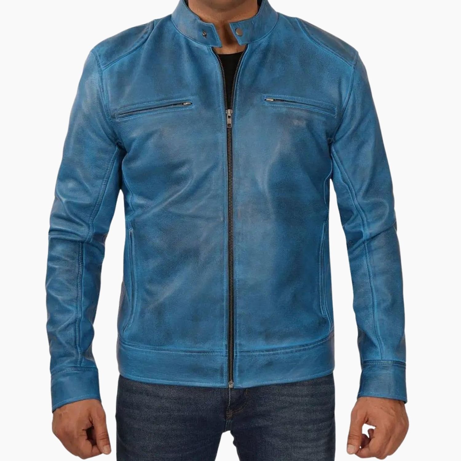Men's Blue Lambskin Leather Cafe Racer Jacket Men's Blue Lambskin Leather Cafe Racer Jacket