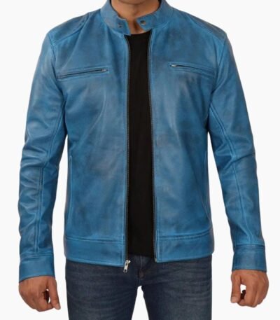 Men's Blue Lambskin Leather Cafe Racer Jacket