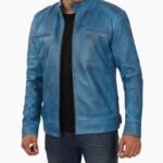 Men's Blue Lambskin Leather Cafe Racer Jacket