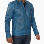 Men's Blue Lambskin Leather Cafe Racer Jacket