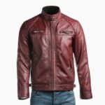 Mens Burgundy Diamond Shoulder Biker Style Leather Jacket