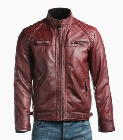 Mens Burgundy Diamond Shoulder Biker Style Leather Jacket