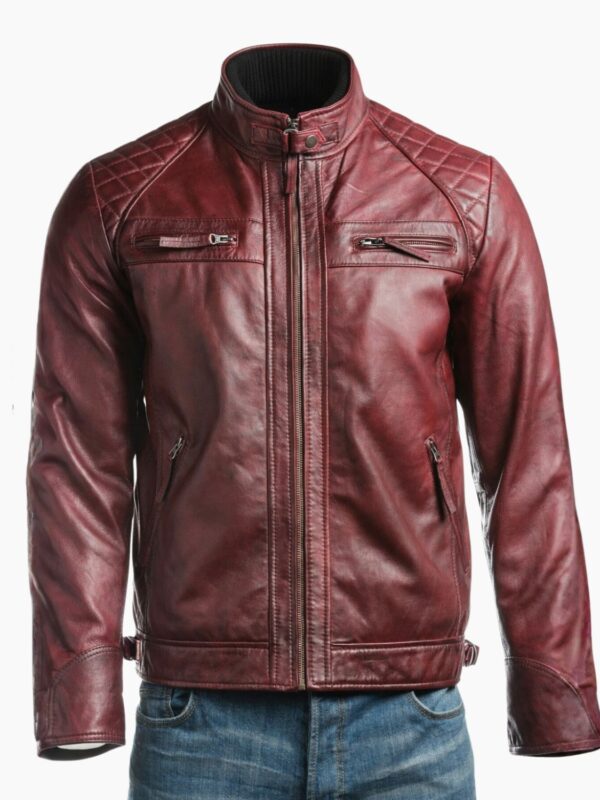 Mens Burgundy Diamond Shoulder Biker Style Leather Jacket