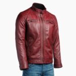 Mens Burgundy Diamond Shoulder Biker Style Leather Jacket