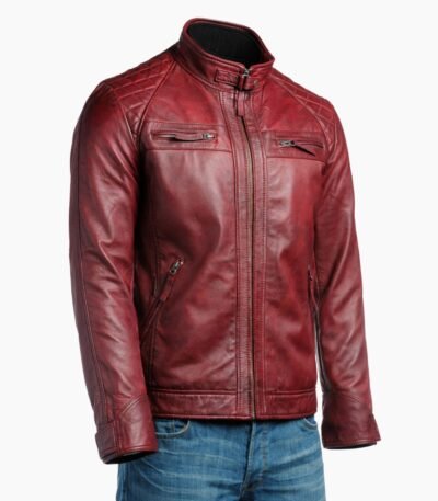 Mens Burgundy Diamond Shoulder Biker Style Leather Jacket