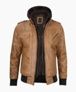 Mens Camel Brown Leather Jacket with Removable Hood