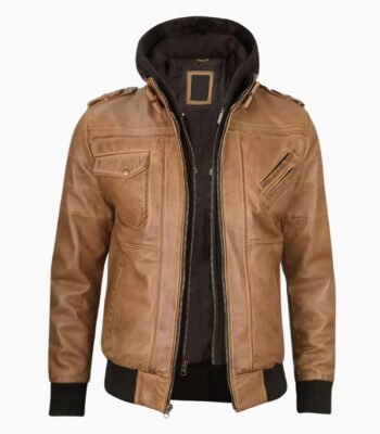Mens Camel Brown Leather Jacket with Removable Hood