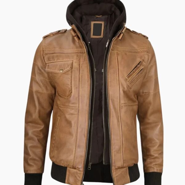 Mens Camel Brown Leather Jacket with Removable Hood