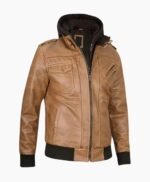 Mens Camel Brown Leather Jacket with Removable Hood