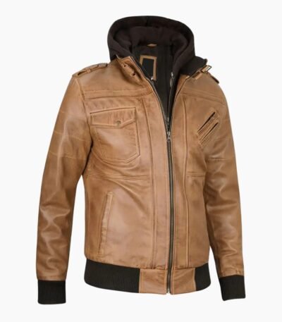 Mens Camel Brown Leather Jacket with Removable Hood