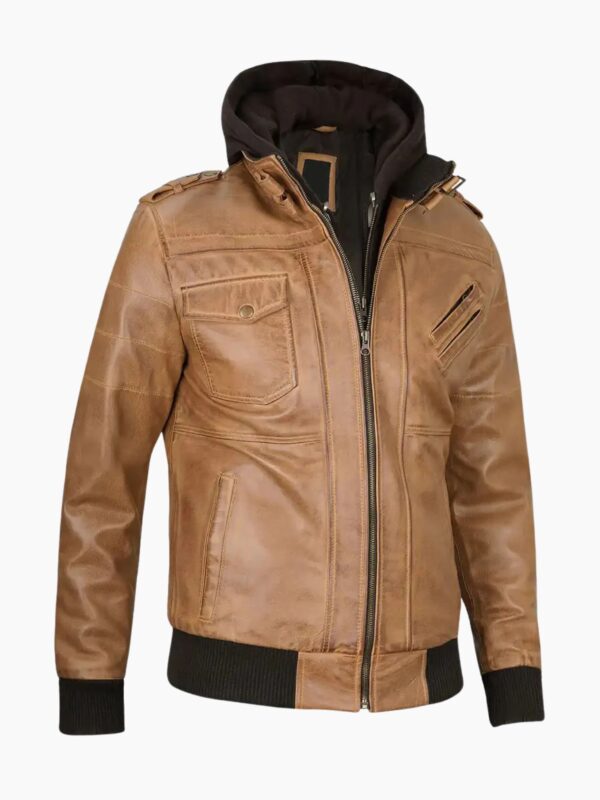 Mens Camel Brown Leather Jacket with Removable Hood