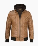 Mens Camel Brown Leather Jacket with Removable Hood