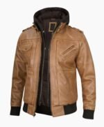 Mens Camel Brown Leather Jacket with Removable Hood
