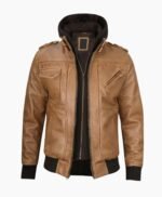 Mens Camel Brown Leather Jacket with Removable Hood
