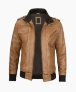 Mens Camel Brown Leather Jacket with Removable Hood