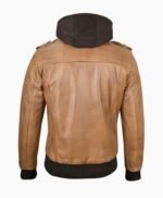 Mens Camel Brown Leather Jacket with Removable Hood