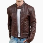 Mens Casual Bomber Style Brown Leather Jacket