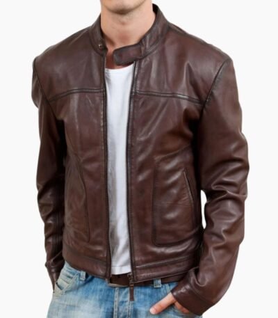 Mens Casual Bomber Style Brown Leather Jacket