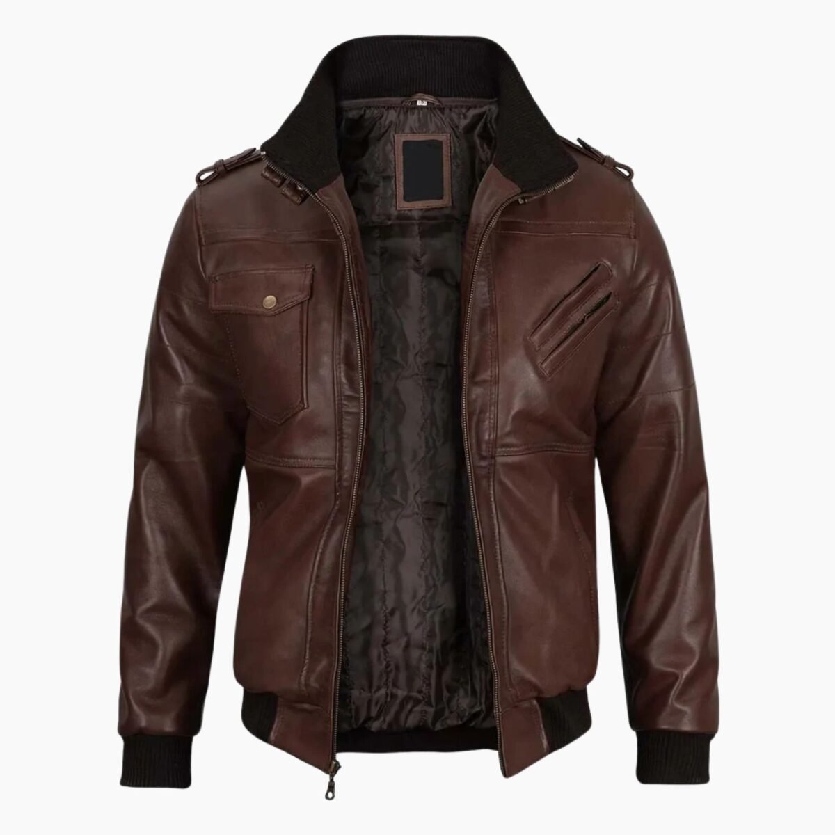 Mens Dark Brown Leather Bomber Jacket With Hood