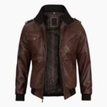Mens Dark Brown Leather Bomber Jacket With Hood