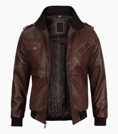 Mens Dark Brown Leather Bomber Jacket With Hood