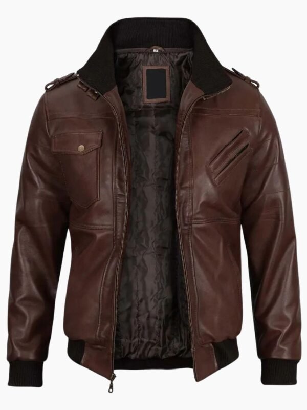 Mens Dark Brown Leather Bomber Jacket With Hood