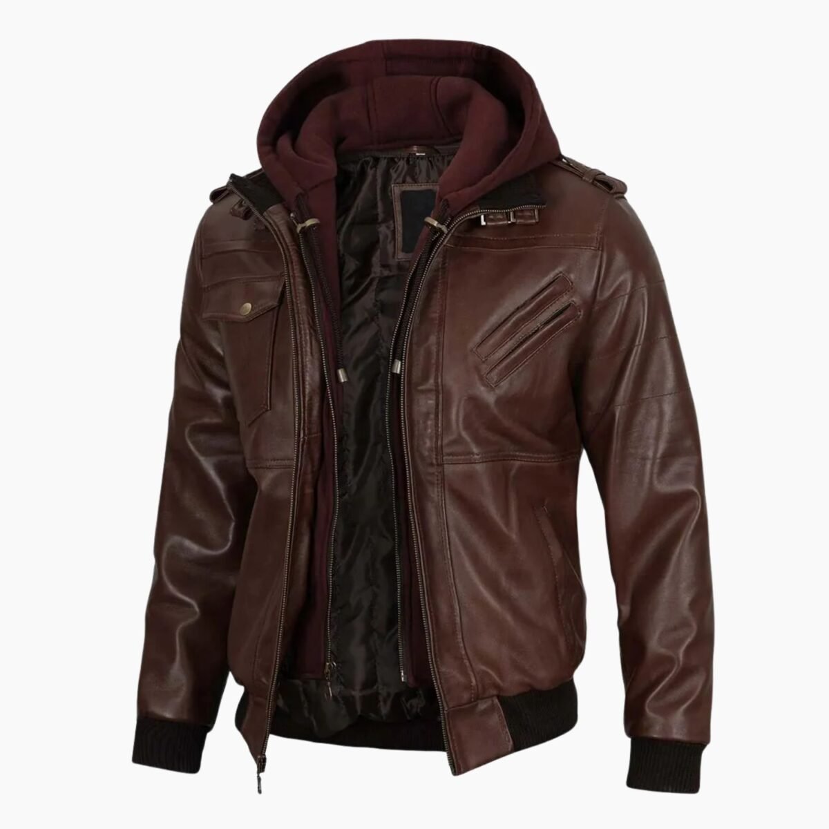 Mens Dark Brown Leather Bomber Jacket With Hood