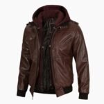 Mens Dark Brown Leather Bomber Jacket With Hood
