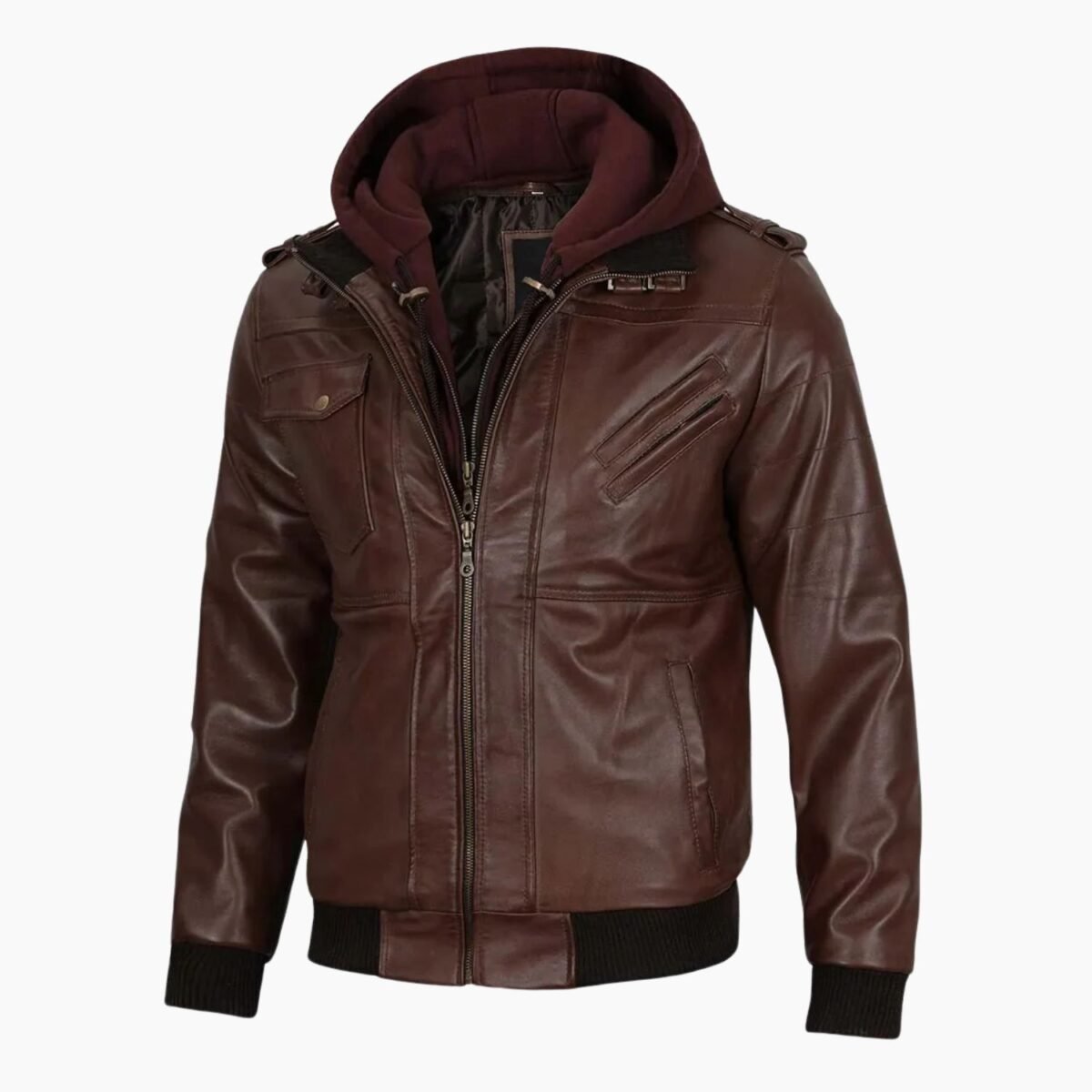 Mens Dark Brown Leather Bomber Jacket With Hood