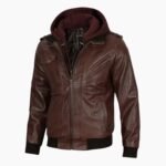 Mens Dark Brown Leather Bomber Jacket With Hood