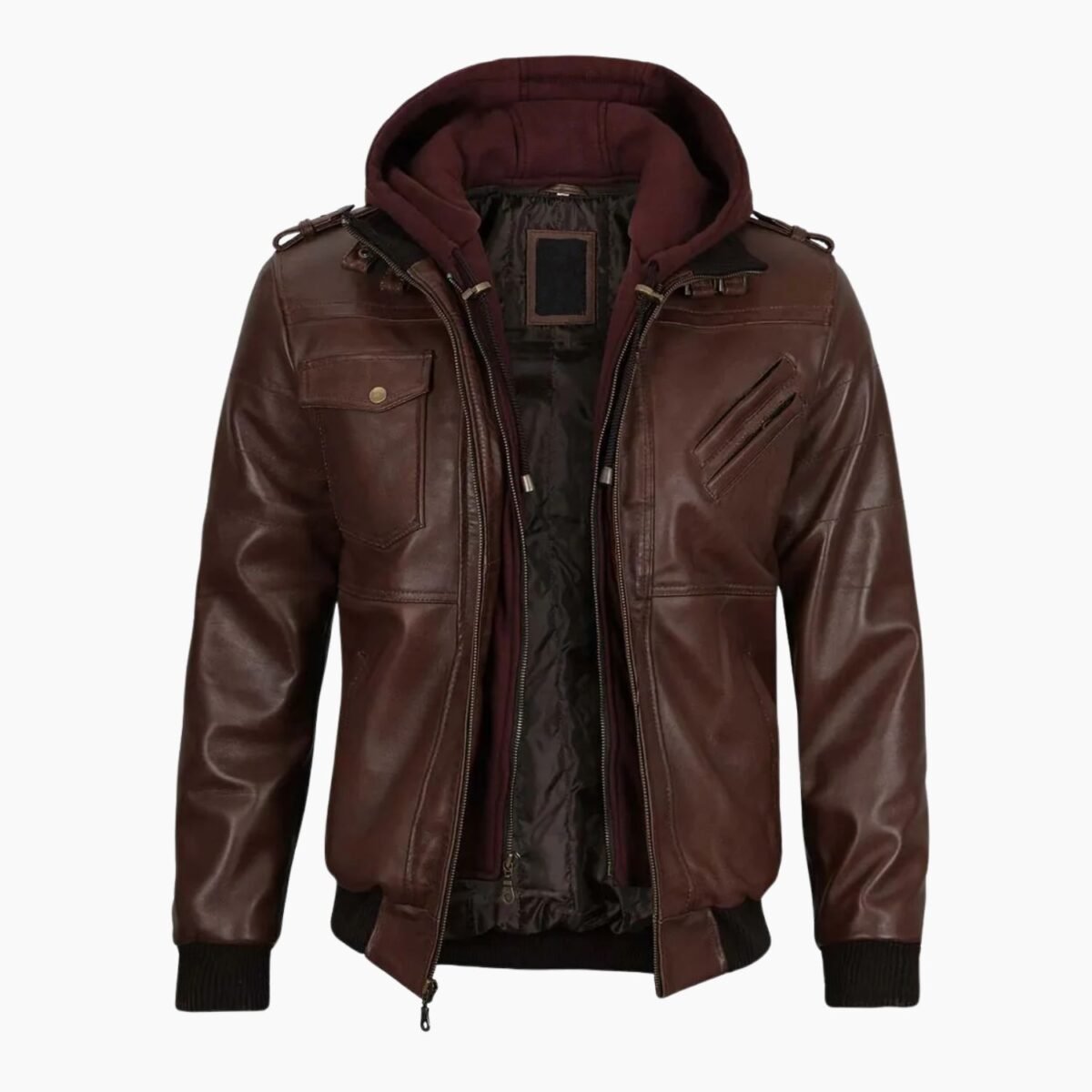 Mens Dark Brown Leather Bomber Jacket With Hood