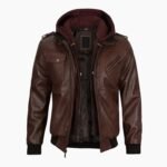 Mens Dark Brown Leather Bomber Jacket With Hood