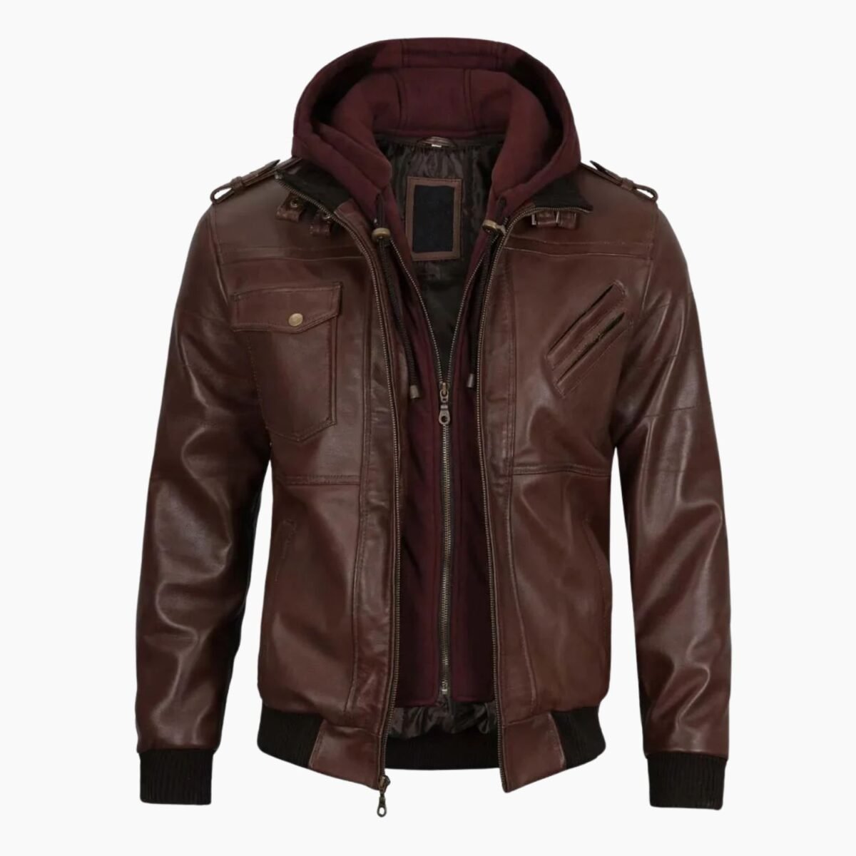 Mens Dark Brown Leather Bomber Jacket With Hood