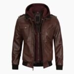 Mens Dark Brown Leather Bomber Jacket With Hood