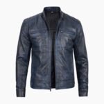Men's Dodge Blue Waxed Cafe Racer Leather Jacket