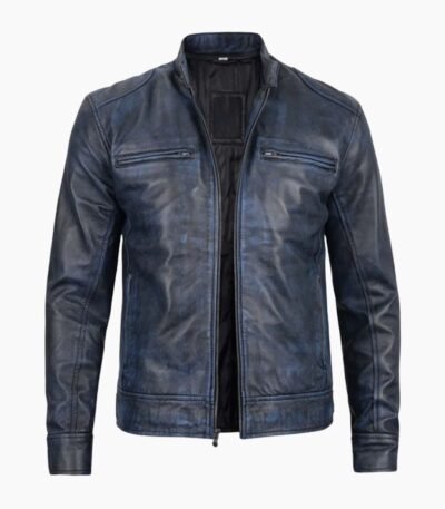Men's Dodge Blue Waxed Cafe Racer Leather Jacket