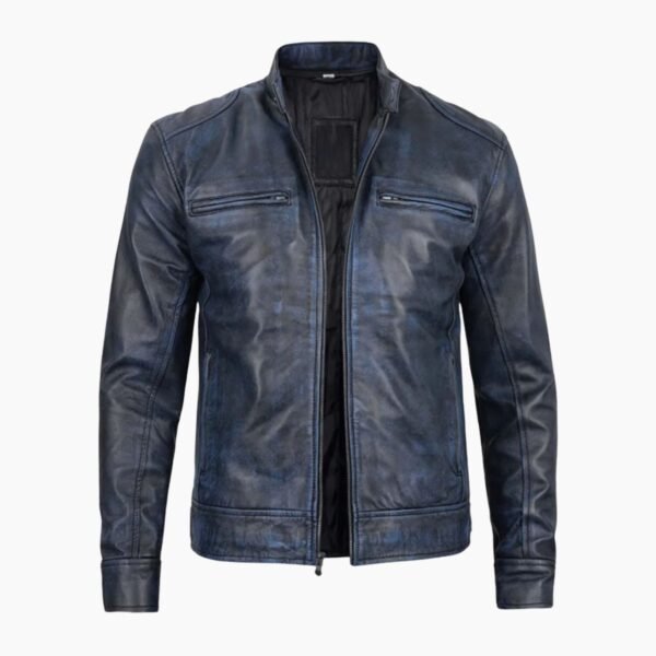 Men's Dodge Blue Waxed Cafe Racer Leather Jacket