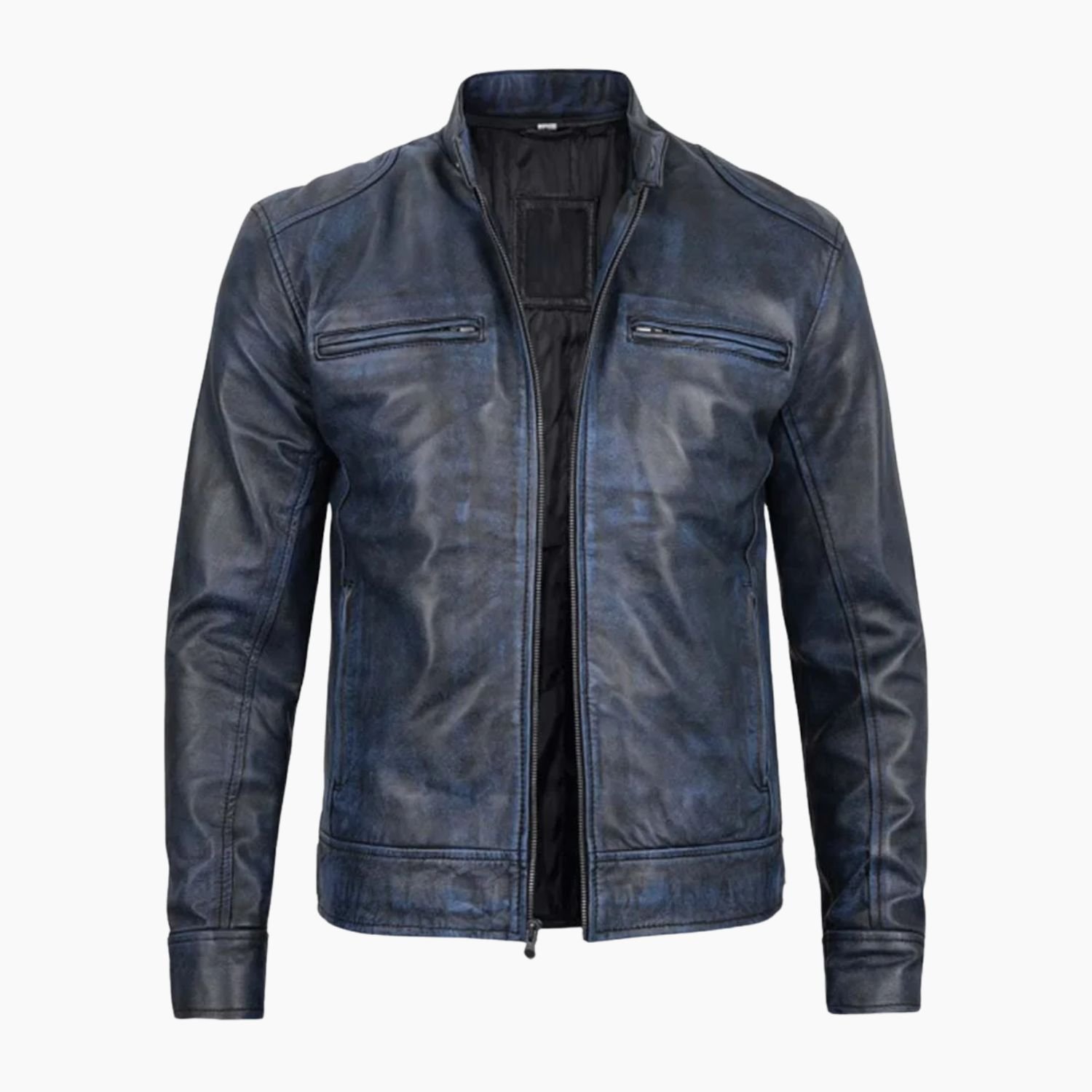 Men's Dodge Blue Waxed Cafe Racer Leather Jacket Men's Dodge Blue Waxed Cafe Racer Leather Jacket