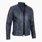 Men's Dodge Blue Waxed Cafe Racer Leather Jacket