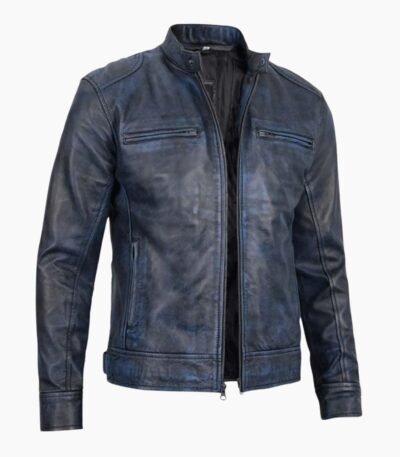 Men's Dodge Blue Waxed Cafe Racer Leather Jacket