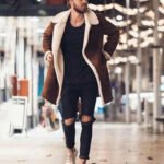 Mens Faux Fur Collar Shearling Double-Breasted Leather Coat