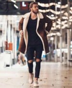 Mens Faux Fur Collar Shearling Double-Breasted Leather Coat