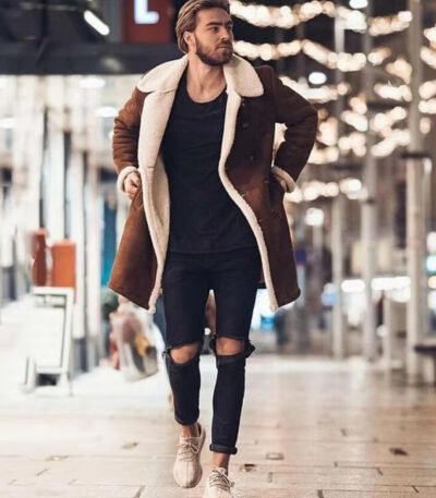 Mens Faux Fur Collar Shearling Double-Breasted Leather Coat