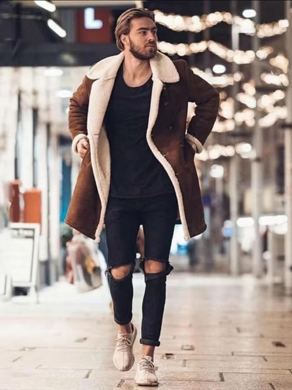 Mens Faux Fur Collar Shearling Double-Breasted Leather Coat