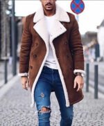 Mens Faux Fur Collar Shearling Double-Breasted Leather Coat