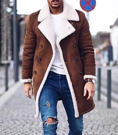 Mens Faux Fur Collar Shearling Double-Breasted Leather Coat