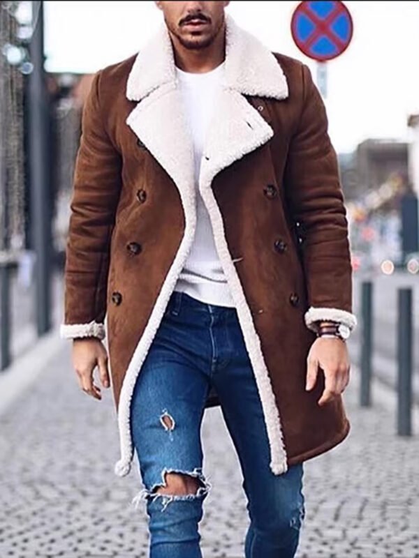 Mens Faux Fur Collar Shearling Double-Breasted Leather Coat