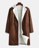 Mens Faux Fur Collar Shearling Double-Breasted Leather Coat