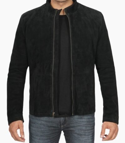 Mens Genuine Black Cafe Racer Suede Jacket