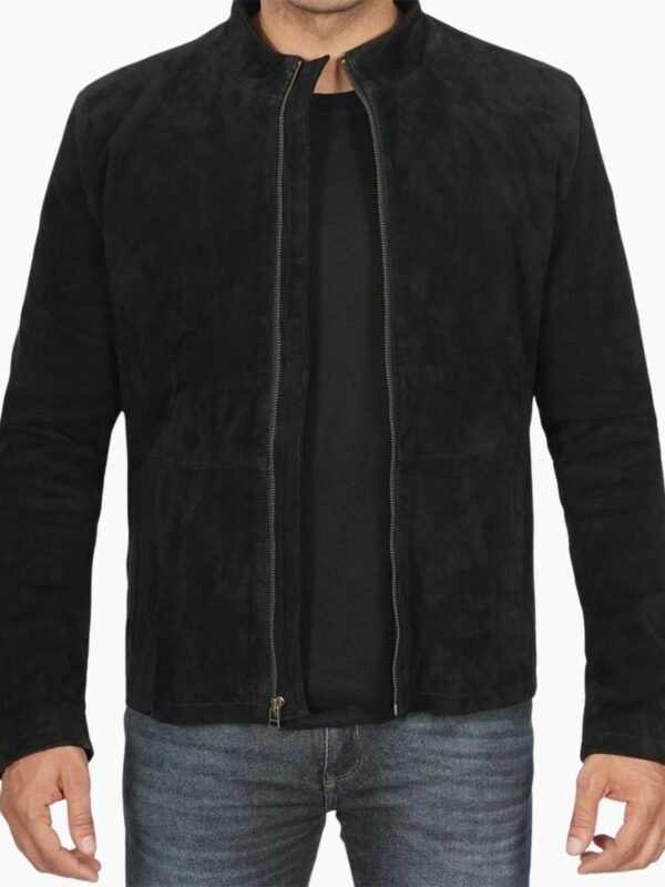 Mens Genuine Black Cafe Racer Suede Jacket